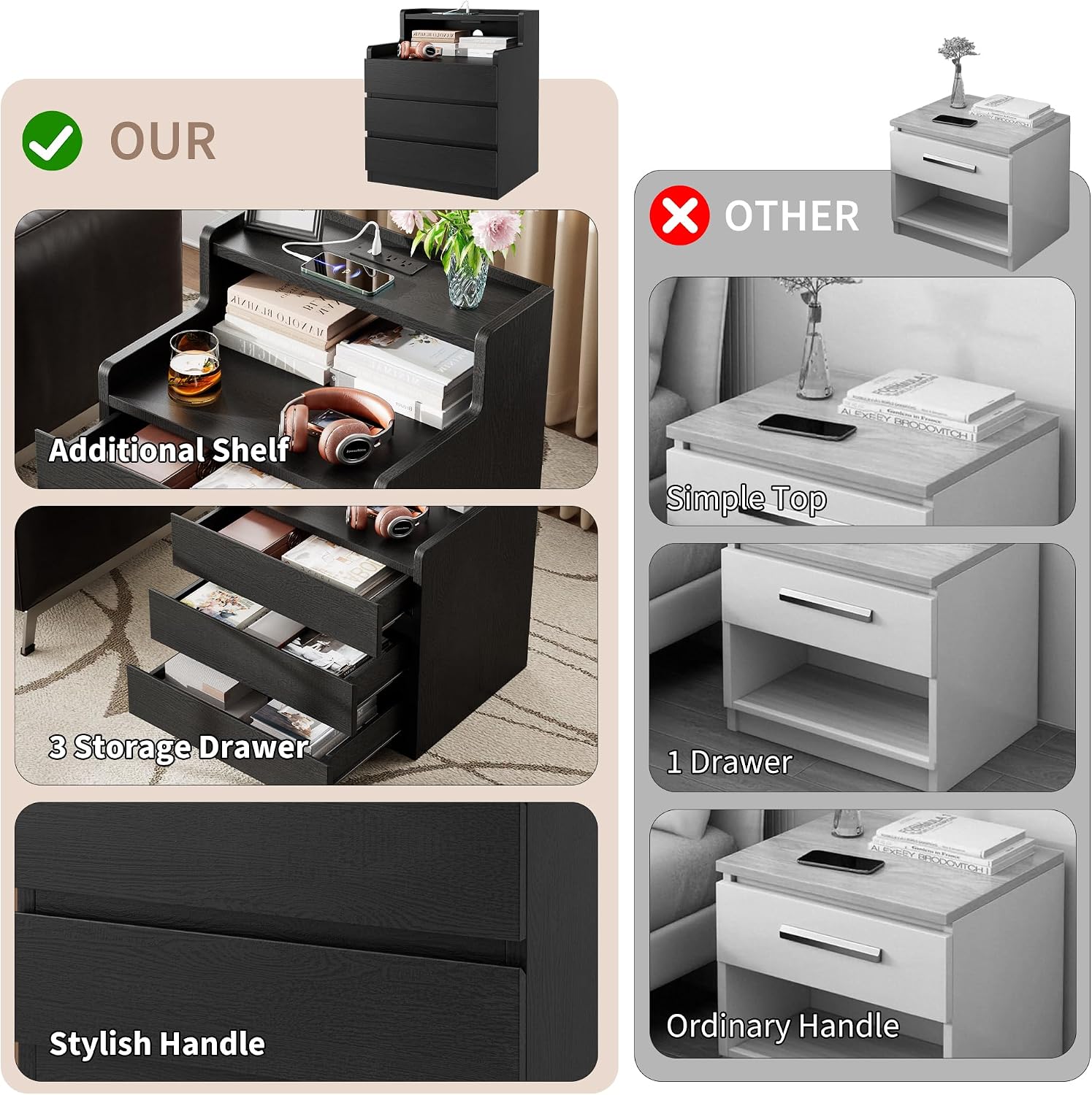 Rresyet Nightstand Set of 2, 26.8' Modern Black End Tables with Drawers & Built-in Charging Station for Bedroom, Upgraded Storage, Handle-Free Design