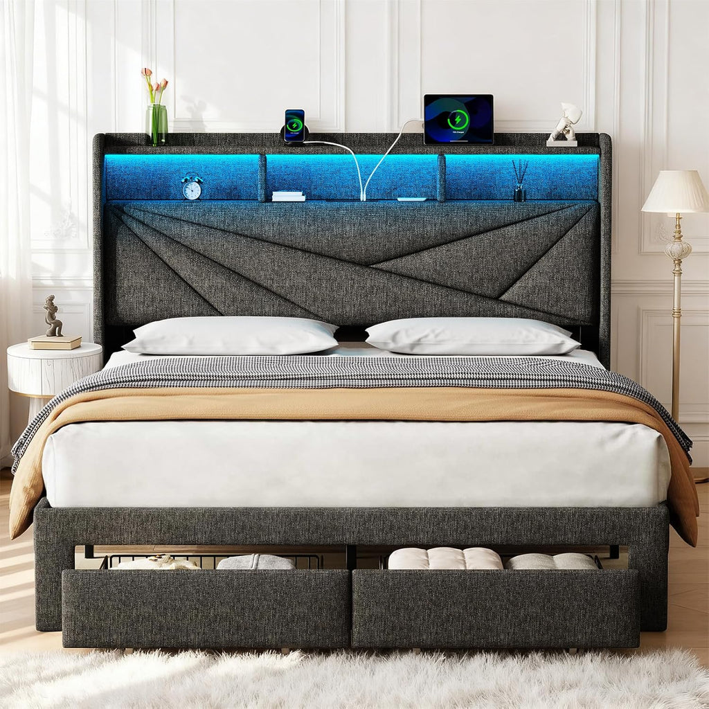 King Size Bed Frame, Upholstered King Bed Frame with 2 Storage Drawers, 2-Tier Headboard, Charging Station & LED Lights, No Box Spring Needed - Dark Grey