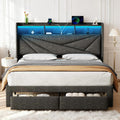 King Size Bed Frame, Upholstered King Bed Frame with 2 Storage Drawers, 2-Tier Headboard, Charging Station & LED Lights, No Box Spring Needed - Dark Grey