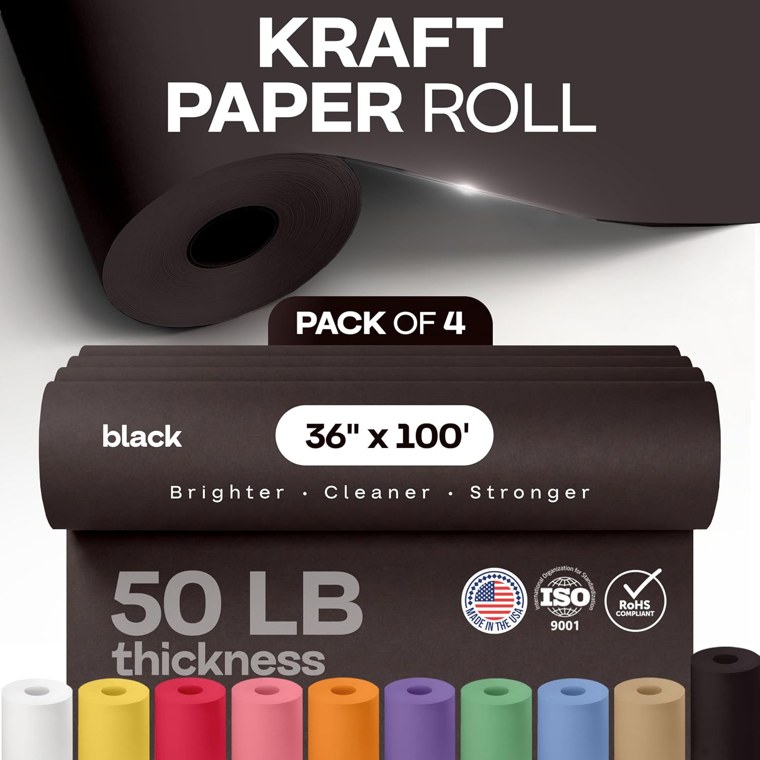 Black Paper Rolls 36' x 1200' (100 feet), Pack of 4 - USA-Made 50lb Thick Kraft Paper for Packing, Shipping, Wrapping, Crafts, Arts, Birthday Party - 100% Recycled Gift Wrap Material by IDL Packaging