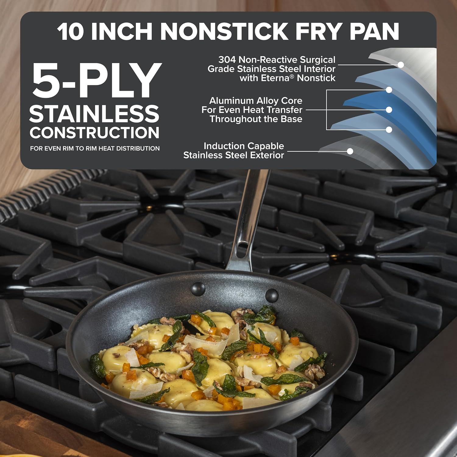 Viking 5-Ply Non Stick Frying Pan, 10 Inch Stainless Steel Nonstick Fry Pan, 5 Liters, Satin Finish