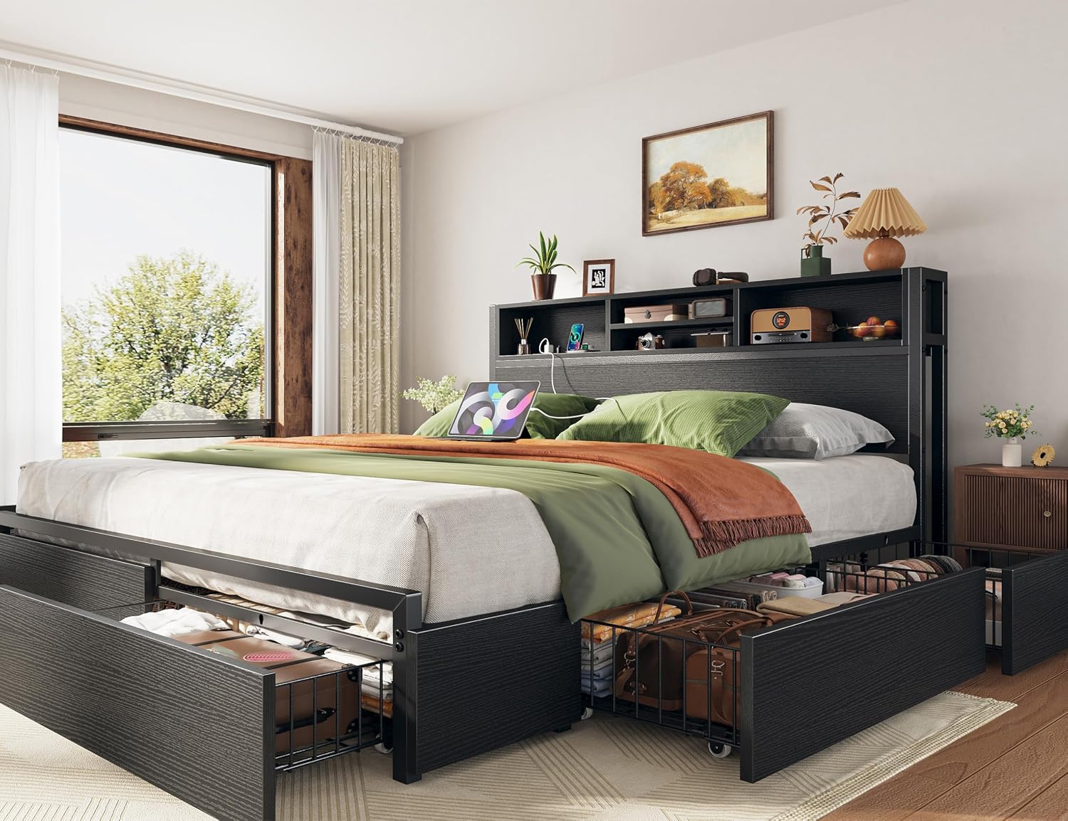 EnHomee Queen Bed Frame with 6 Storage Drawers, Headboard & Charging Station, Noise-Free Metal Platform Bed, No Box Spring Needed,Black