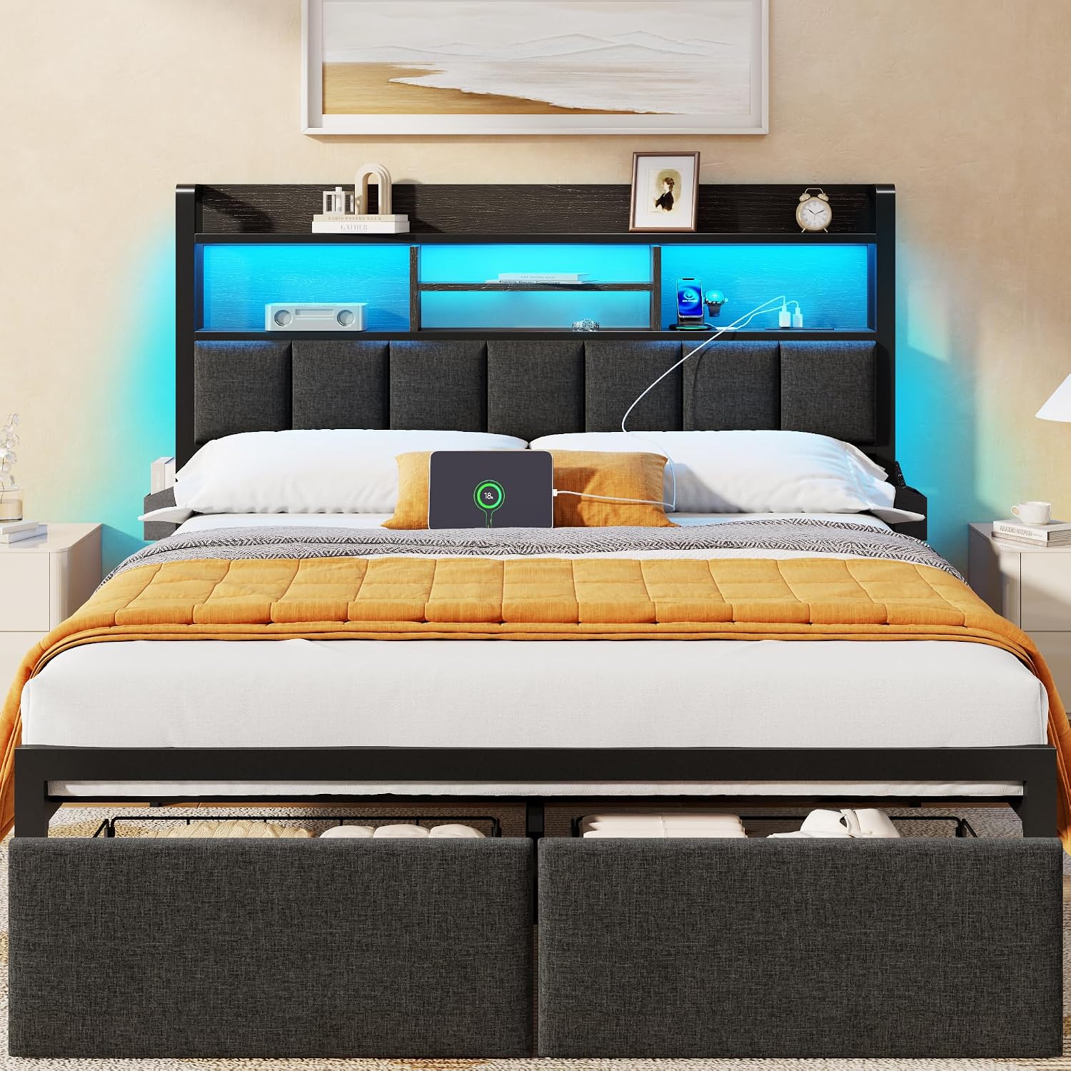 Furnulem Full Size Bed Frame with Upholstered Headboard, Bed Frame Full with Storage Drawers, Charging Station & LED Lights, Metal Platform No Box Spring Needed, Noise Free, Black (1200 lbs Capacity)