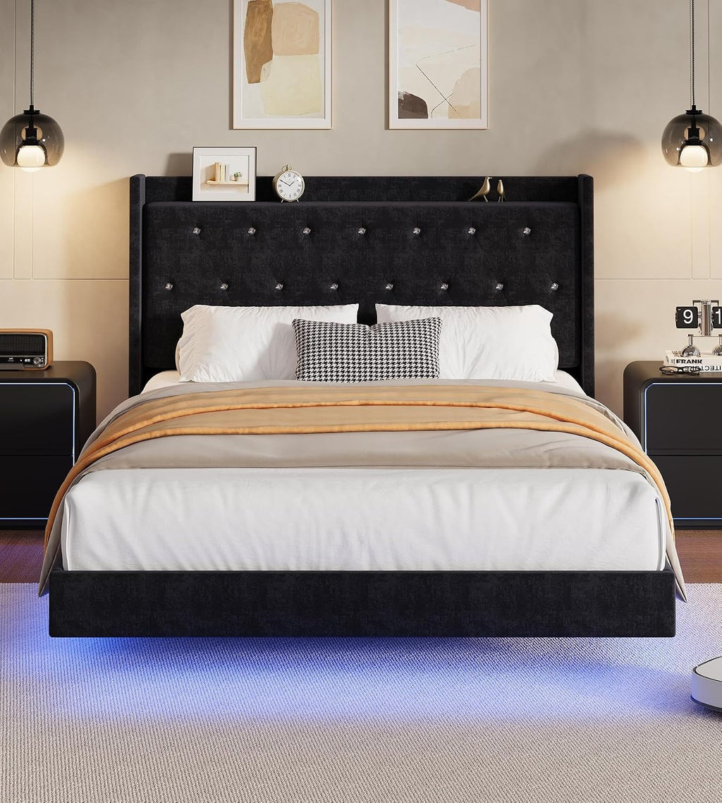 IDEALHOUSE Full Size Bed Frame with LED Lights, Floating Platform Bed with Velvet Upholstered Storage Headboard, No Box Spring Needed, Noise Free, Easy Assembly