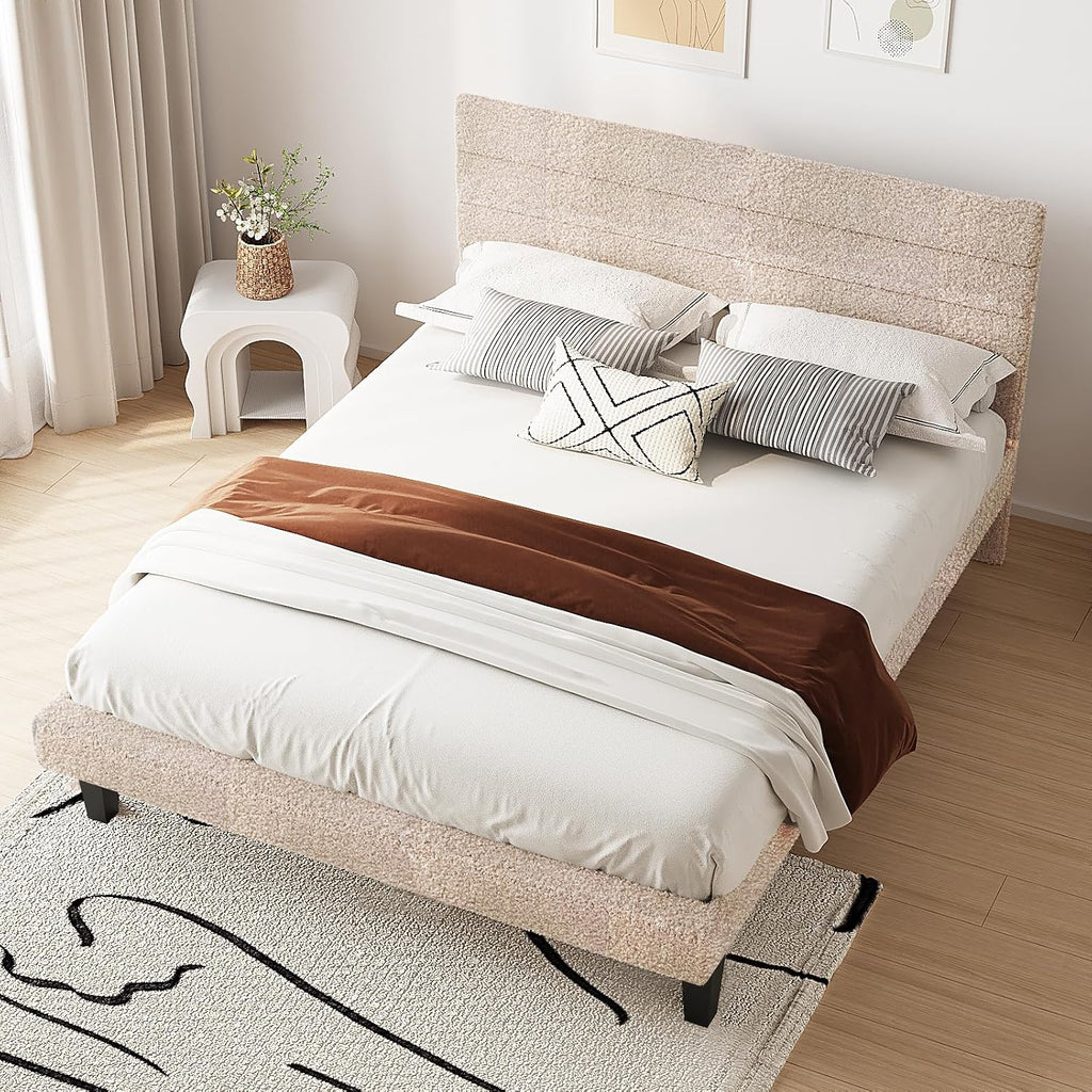 VINGLI Queen Bed Frame with Headboard, Upholstered Boucle Bed Frame,Cozy Low Profile Platform Bed with Wooden Slats and Fabric Adjustable Headboard, Mattress Foundation, Cream, Noise Free,Beige