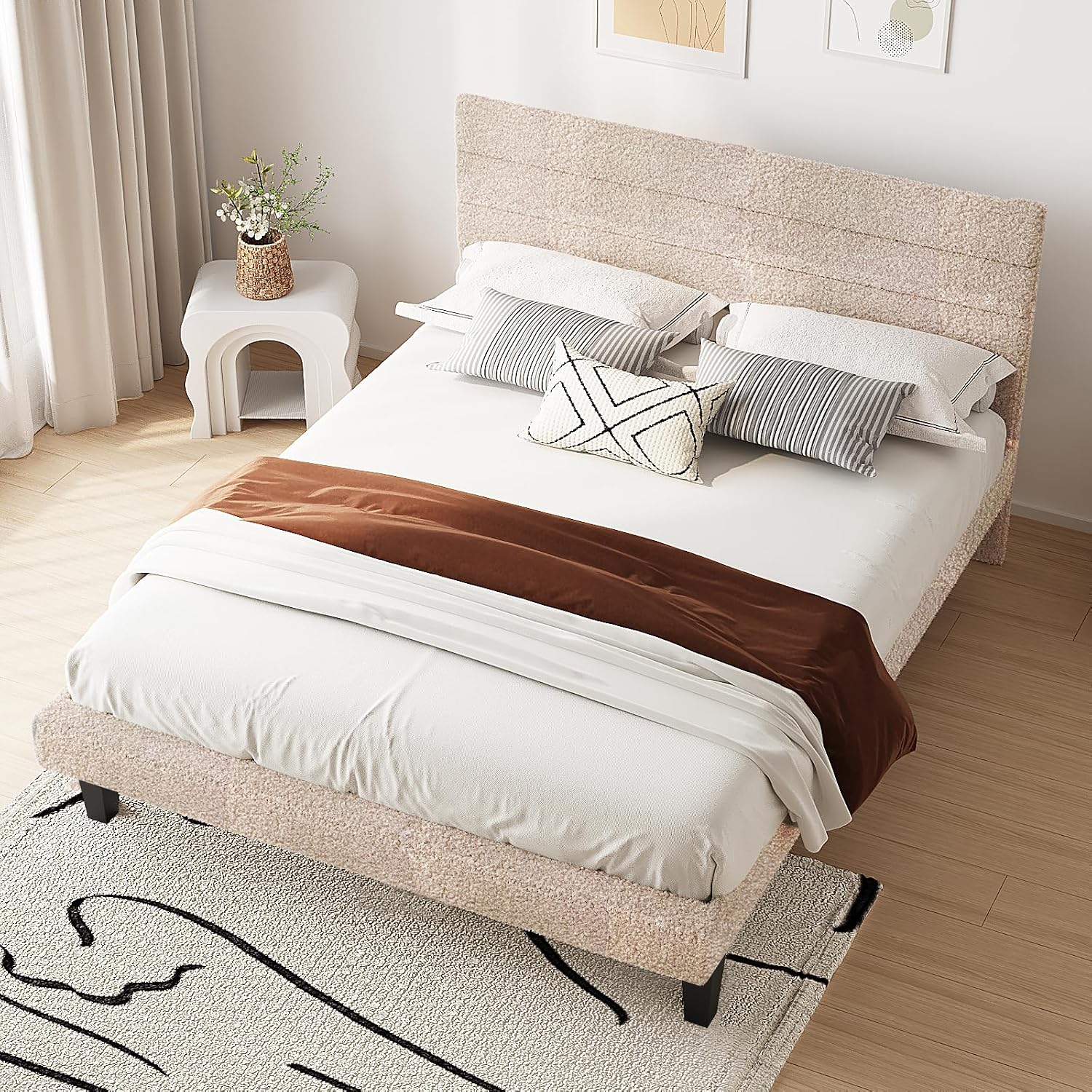 VINGLI Queen Bed Frame with Headboard, Upholstered Boucle Bed Frame,Cozy Low Profile Platform Bed with Wooden Slats and Fabric Adjustable Headboard, Mattress Foundation, Cream, Noise Free,Beige