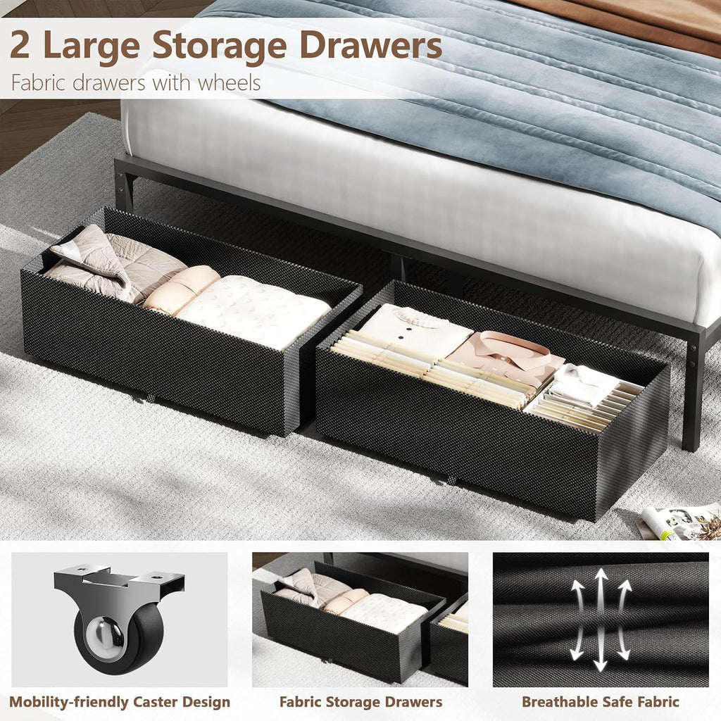 Furnulem Queen Bed Frame with Adjustable Headboard, Upholstered Bed with 2 Storage Drawers, Built-in USB Charging Station & LED Lights, Platform Bedframe with Metal Slats, No Spring Box Needed, Grey