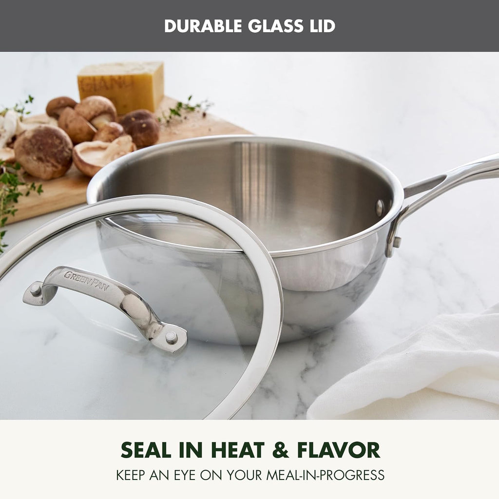 GreenPan Valencia Pro Tri-Ply Stainless Steel 2.5QT Chef's Pan with Lid, Induction Ready Cookware, All Cooktops, Sauce Pot, Mirror Finish, Dishwasher & Oven/Broiler Safe to 600F
