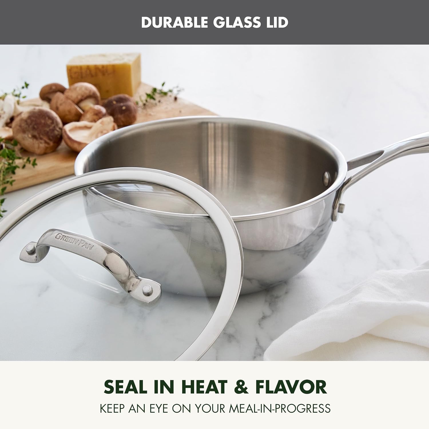 GreenPan Valencia Pro Tri-Ply Stainless Steel 2.5QT Chef's Pan with Lid, Induction Ready Cookware, All Cooktops, Sauce Pot, Mirror Finish, Dishwasher & Oven/Broiler Safe to 600F