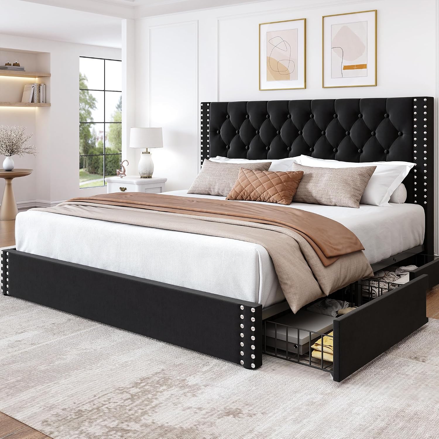 LARMACE King Size Bed Frame with 4 Storage Drawers and Tufted Headboard Velvet Upholstered Platform Bed Frame with Heavy Duty Wood Slats, No Box Spring Needed, Easy Assembly,Black