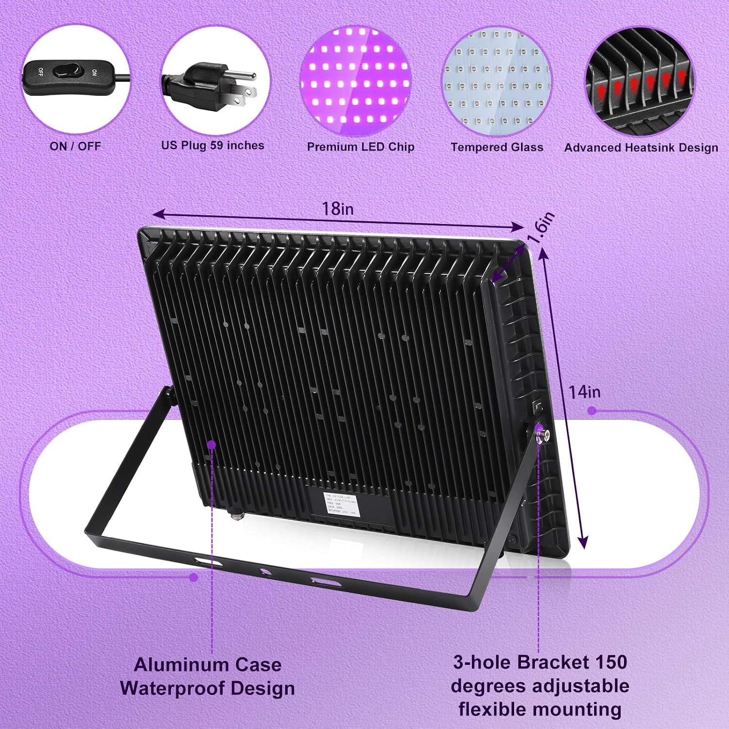 XYCN(3 Pack 600W LED Black Lights, 395nm to 410nm Outdoor IP66 Waterproof Flood Blacklight Light with Plug for Glow in The Dark, Dance Party, Stage Lighting, Body Paint, Neon Glow,Fluorescent Poster