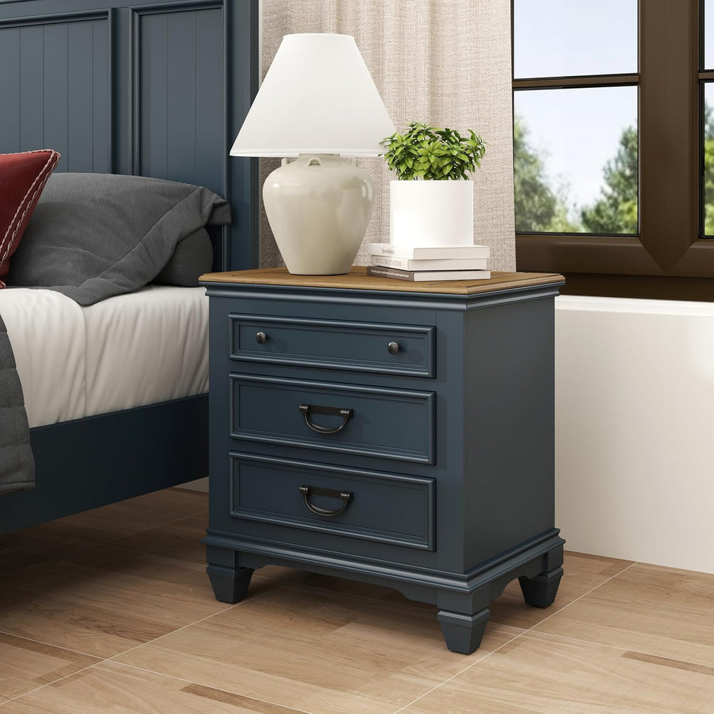 Roundhill Furniture Riverton Wood 3-Piece Bedroom Set, Shiplap Panel King Bed with 2 Nightstands in Slate Blue