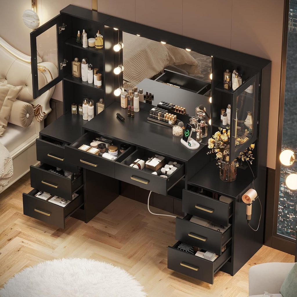 TOKSOM Black Vanity Desk with Mirror, Lights & Charging Station, 58.3' 3 Lighting Modes Makeup Desk with 8 Drawers, 2 Cabinets and Lots Storage, Dressing Table Vanity Set with Lighted Mirror