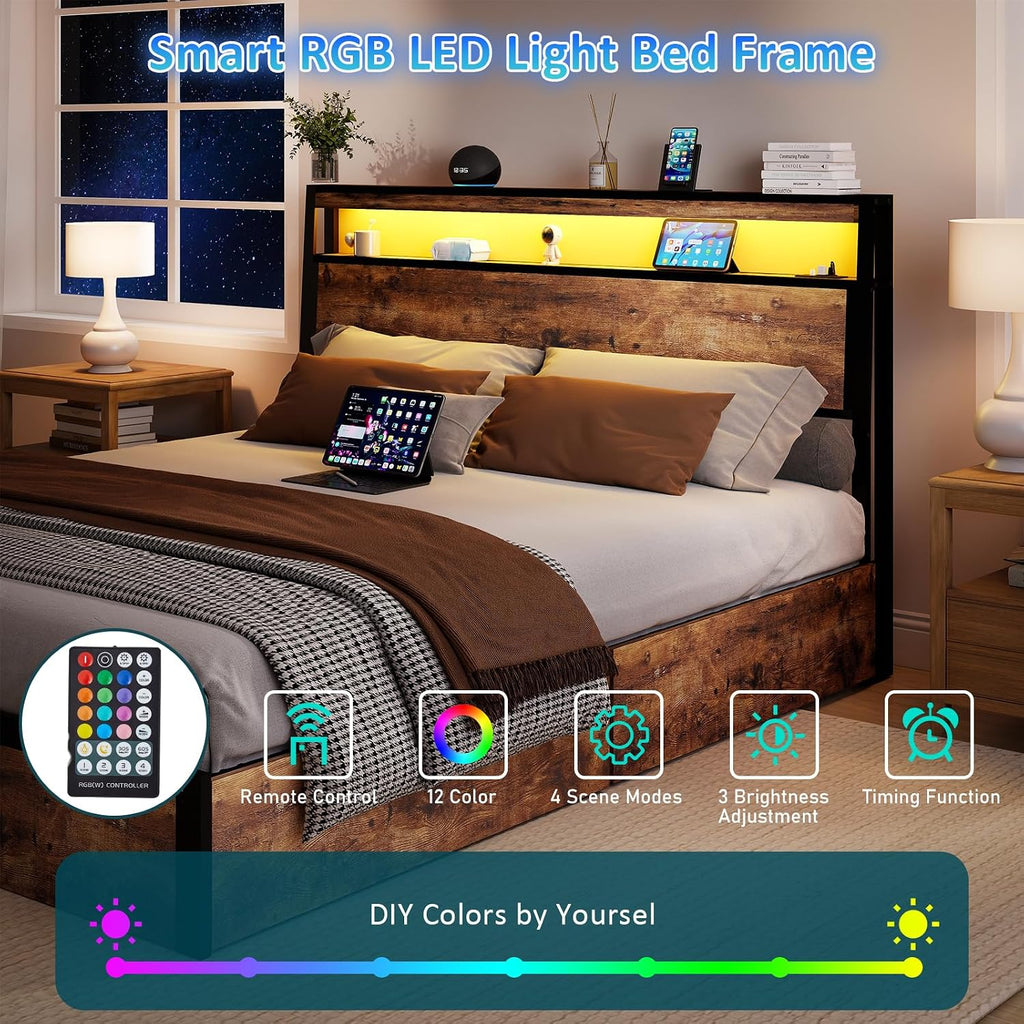 SADENICEL Queen Bed Frame with Storage Headboard and 4 Drawers, Metal Platform Bed Frame with LED Light, Charging Station, No Box Spring Needed, Noise Free, Easy Assembly, Vintage Brown