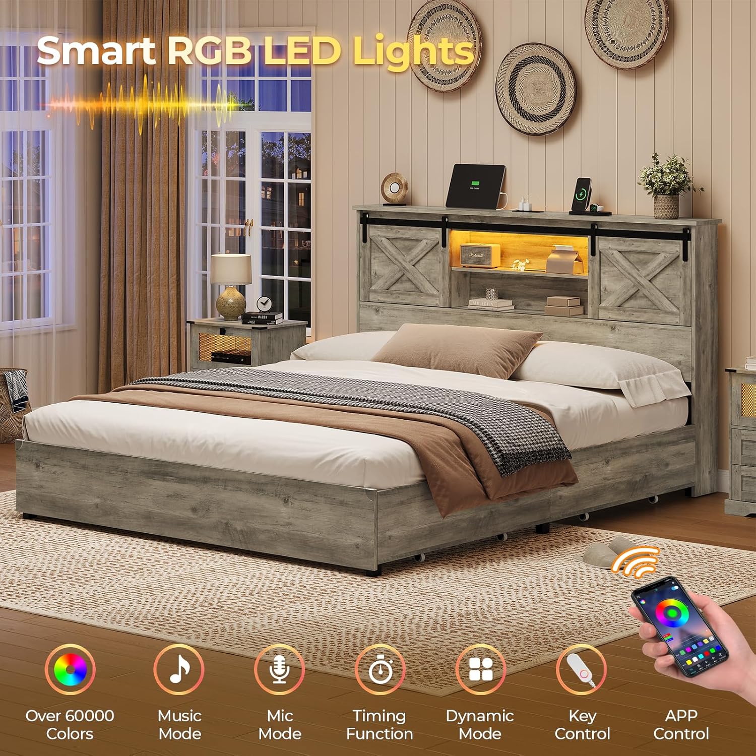 Hasuit Farmhouse Bed Frame King Size with 4 Storage Drawers, Wooden Platform King Beds with Charging Station and LED Lights, Rustic Bed with Storage Headboard and Sliding Barn Door