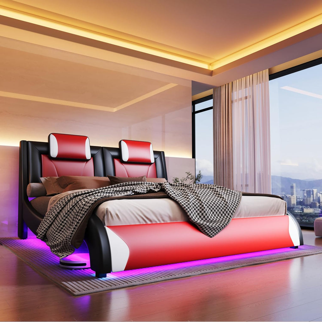 Jocisland LED Full Size Bed Frame, Modern Faux Leather Upholstered Platform Bed Frames with Headrest Headboard, Low Profile Beds with Wave-Like Curve Design, No Box Spring Needed, Easy Assembly, Red