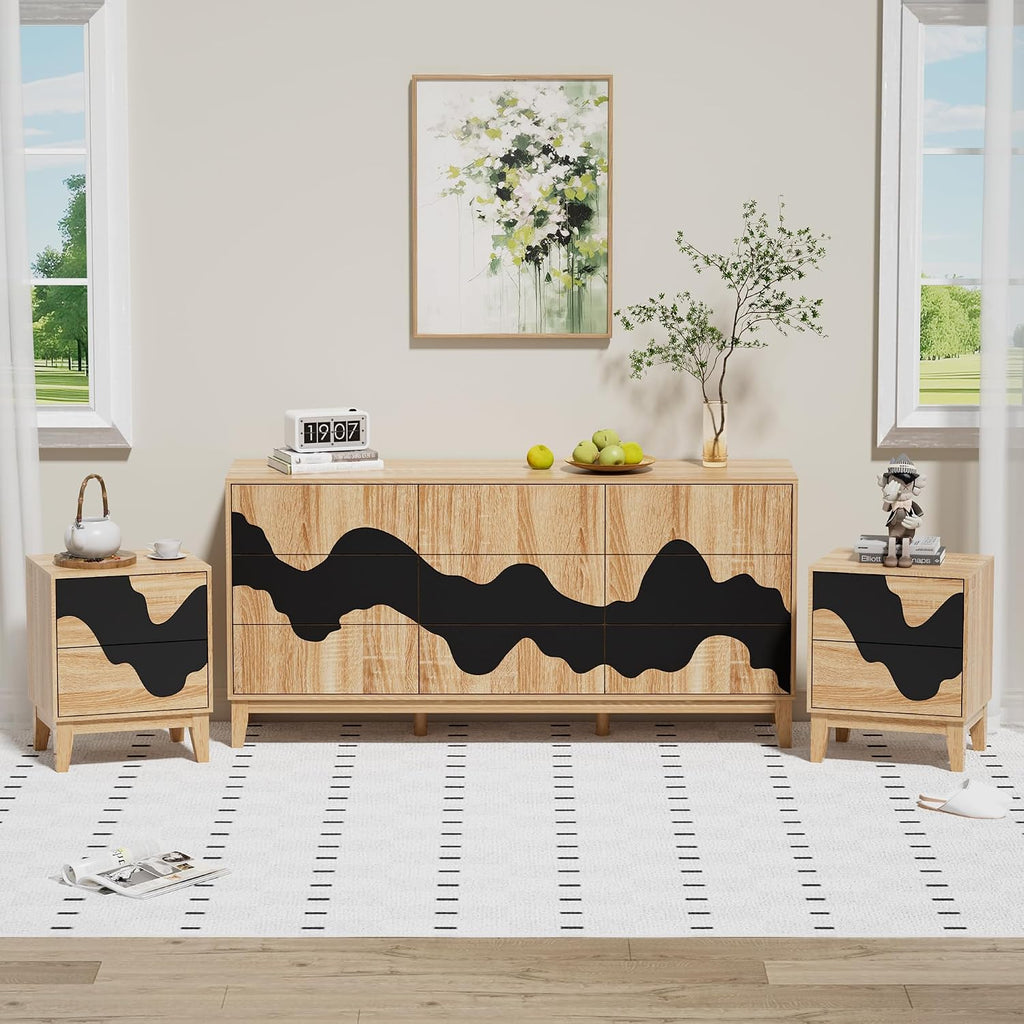 UEV 9-Drawer Dresser & 2 Nightstands Set - 3 Piece Modern Bedroom Furniture Set, 63' Wide Wooden Chest of Drawers with Flowing Water Pattern,2-Drawer Night Stands for Bedroom (Natural/Black