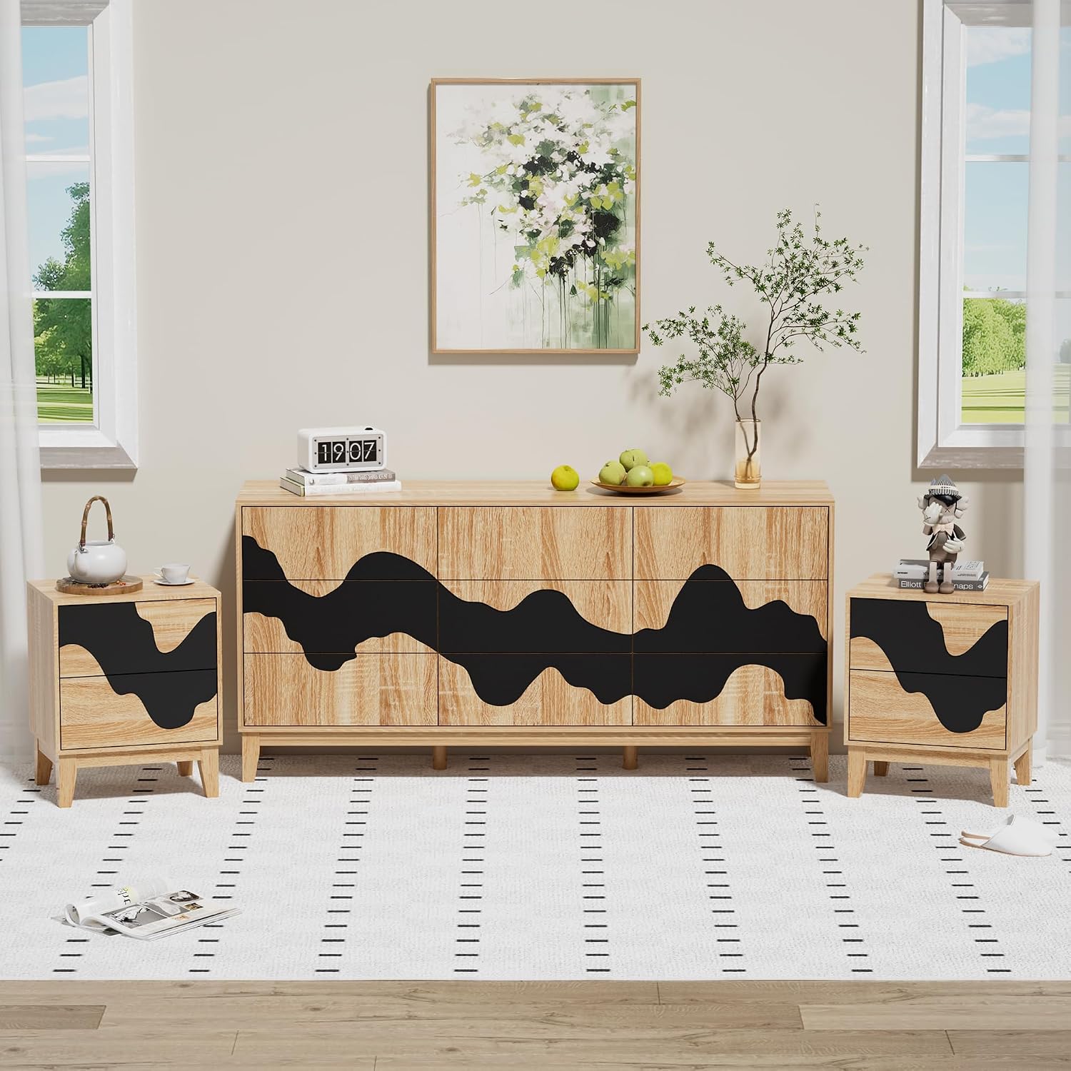 UEV 9-Drawer Dresser & 2 Nightstands Set - 3 Piece Modern Bedroom Furniture Set, 63' Wide Wooden Chest of Drawers with Flowing Water Pattern,2-Drawer Night Stands for Bedroom (Natural/Black