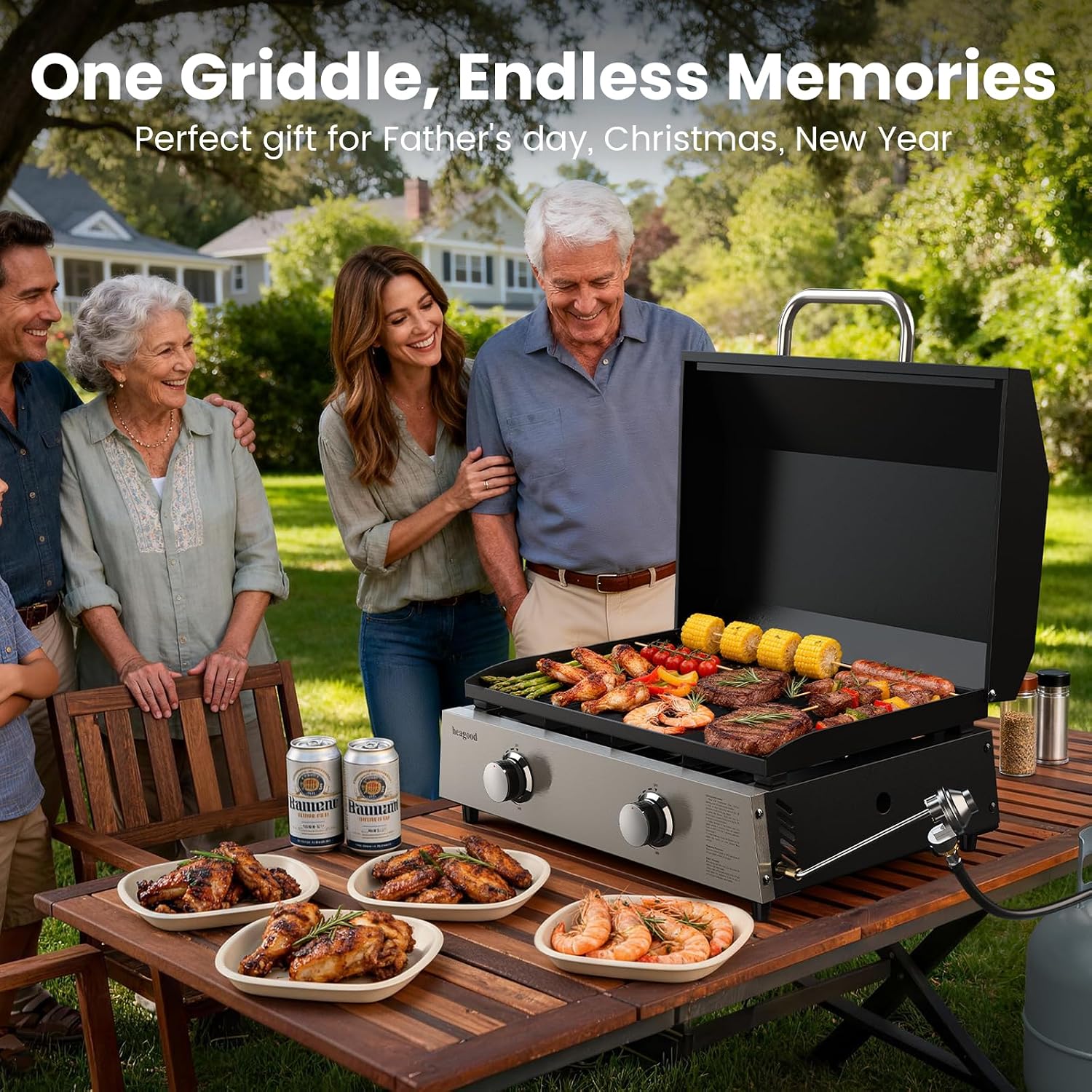Flat Top Gill, Outdoor Griddle 22' Tabletop Gas Griddle with Hood for Outdoor Camping Tailgating (24000 BTU, 2 Burner, Carbon Steel Plate)