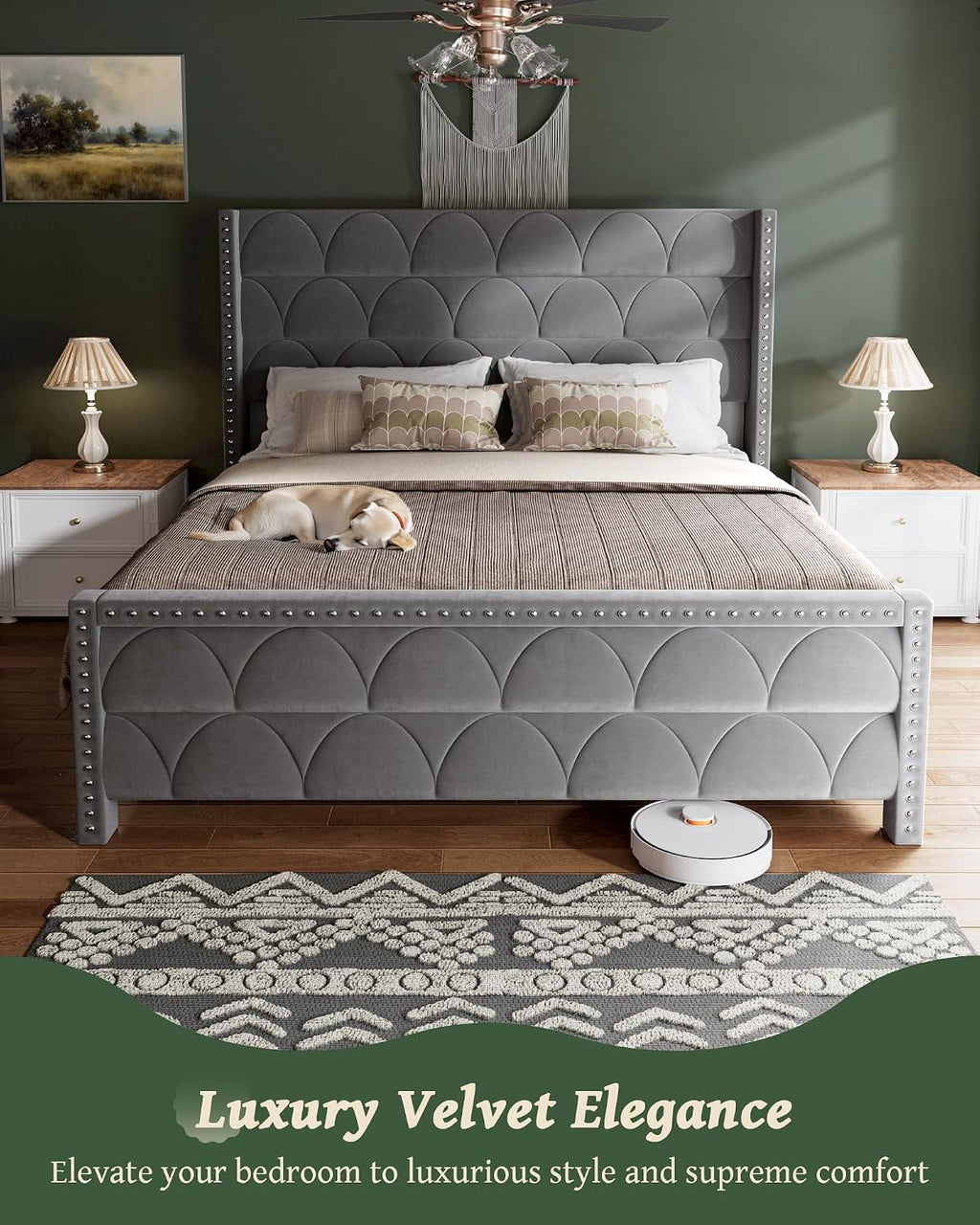 OHOHOLIVE King Size Bed Frame with 56' Headboard - Velvet Upholstered Wingback Platform Bed Frame, Noise Free, Sturdy Wooden Slat Support (Deep Gray, King)