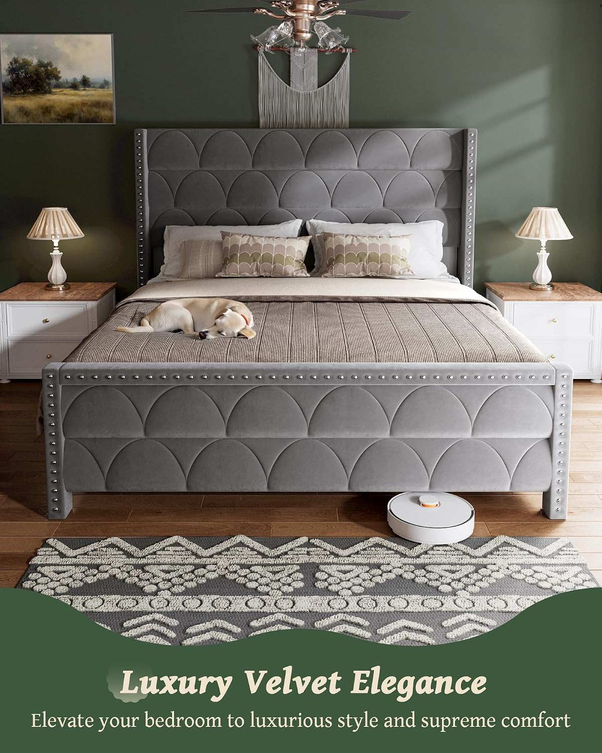 OHOHOLIVE King Size Bed Frame with 56' Headboard - Velvet Upholstered Wingback Platform Bed Frame, Noise Free, Sturdy Wooden Slat Support (Deep Gray, King)