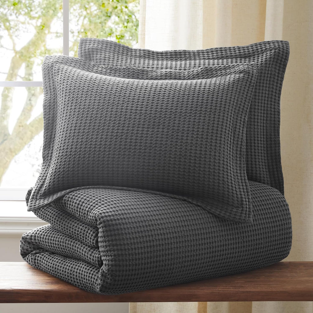 Levtex Home Mills Waffle Queen Duvet Cover Set (90x94in) with 2 Pillow Shams (26x20in) - Charcoal - 100% Cotton Queen Size Duvet Cover Set - Soft, Pre-Washed