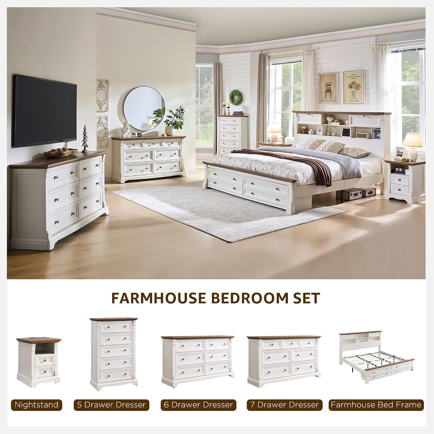 Farmhouse King Size Bed Frame with 54' Tall Storage Bookcase Headboard, Wood Platform Bed Frame with 2 Drawers & 18' Tall Roman Column Decoration Footboard, No Box Spring Needed(Antique White)