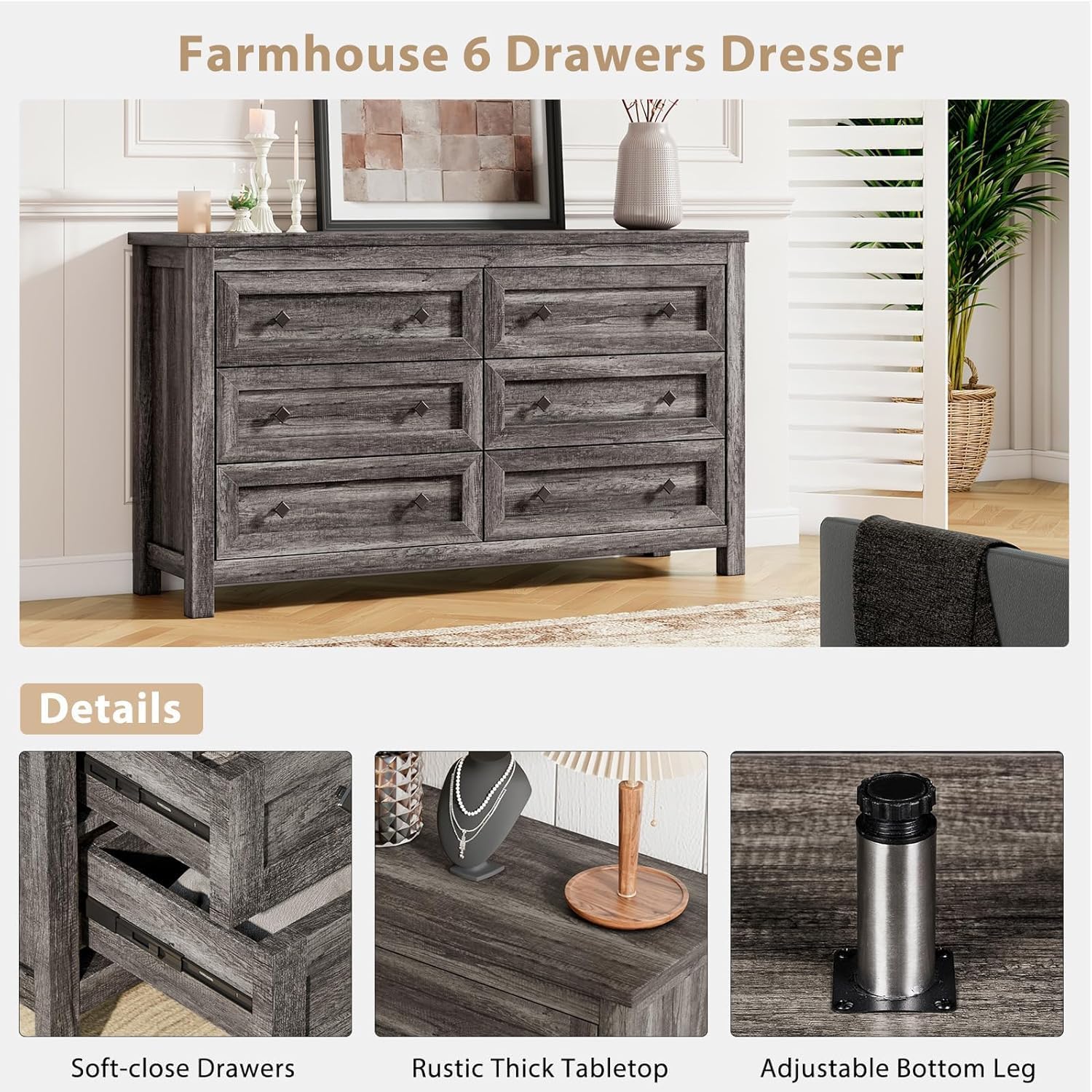 LUXOAK 4 Pieces Farmhouse Bedroom Furniture Set, 1 X 5 Drawer Dresser, 1 X Rustic 6 Drawer Storage Dresser, Nightstand Set of 2 with Charging Station, Farmhouse Bedroom Set, Grey