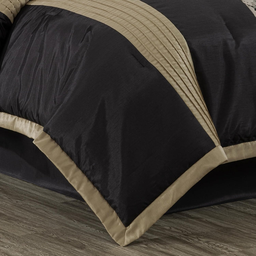 Chezmoi Collection Kelsey Comforter Set California King Size, 7-Piece Black Gold Hibiscus Floral Jacquard Bedding Set