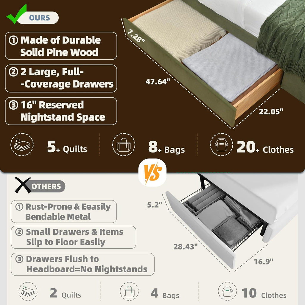King Bed Frame with Storage & Built-in Nightstands, Velvet Upholstered Platform Bed Frame with Drawers & 2 Floating Storage Shelves, Noise-Free, No Box Spring Needed, Easy Assembly, Green