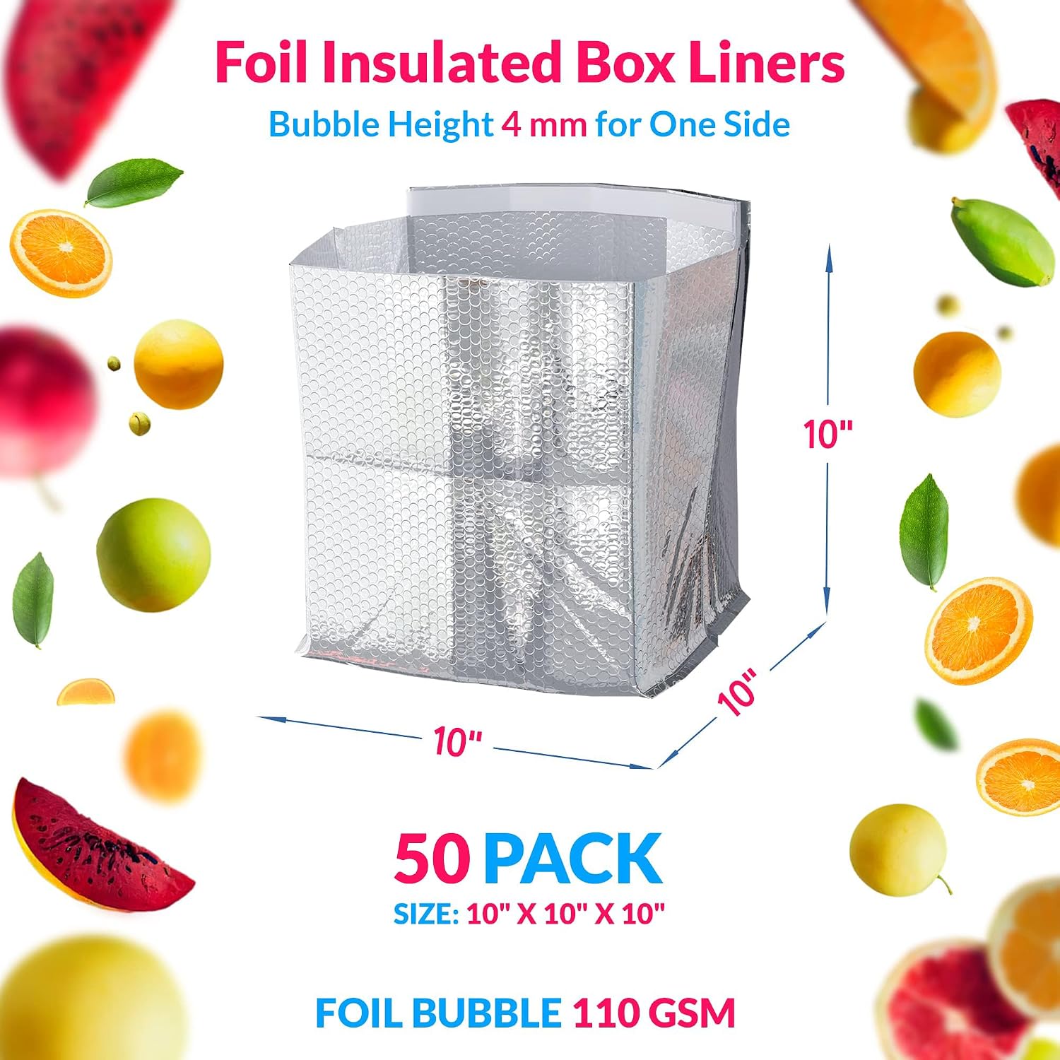 ABC PACK & SUPPLY Insulated Box Liners, 10 x 10 x 10 Inch Thermal Shipping Bags, Self Seal Foil Bubble Pouches for Hot and Cold Food Delivery, Leak Resistant, Pack of 50