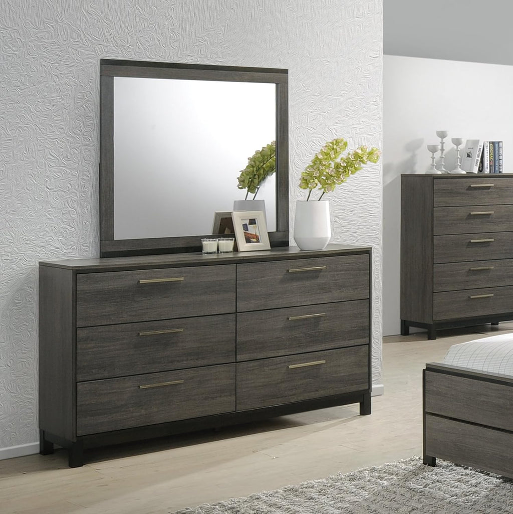 Roundhill Furniture Ioana 187 Antique Grey Finish Wood Bed Room Set, Queen Size Bed, Dresser, Mirror, 2 Night Stands
