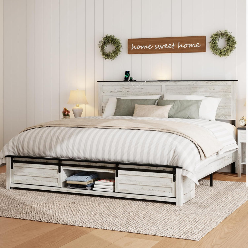 Wooden King Size Bed Frame with Headboard, Boho White Farmhouse Storage Bedframe with Sliding Barn Door Footboard and Charging Station, Wood Slats, No Box Spring Needed