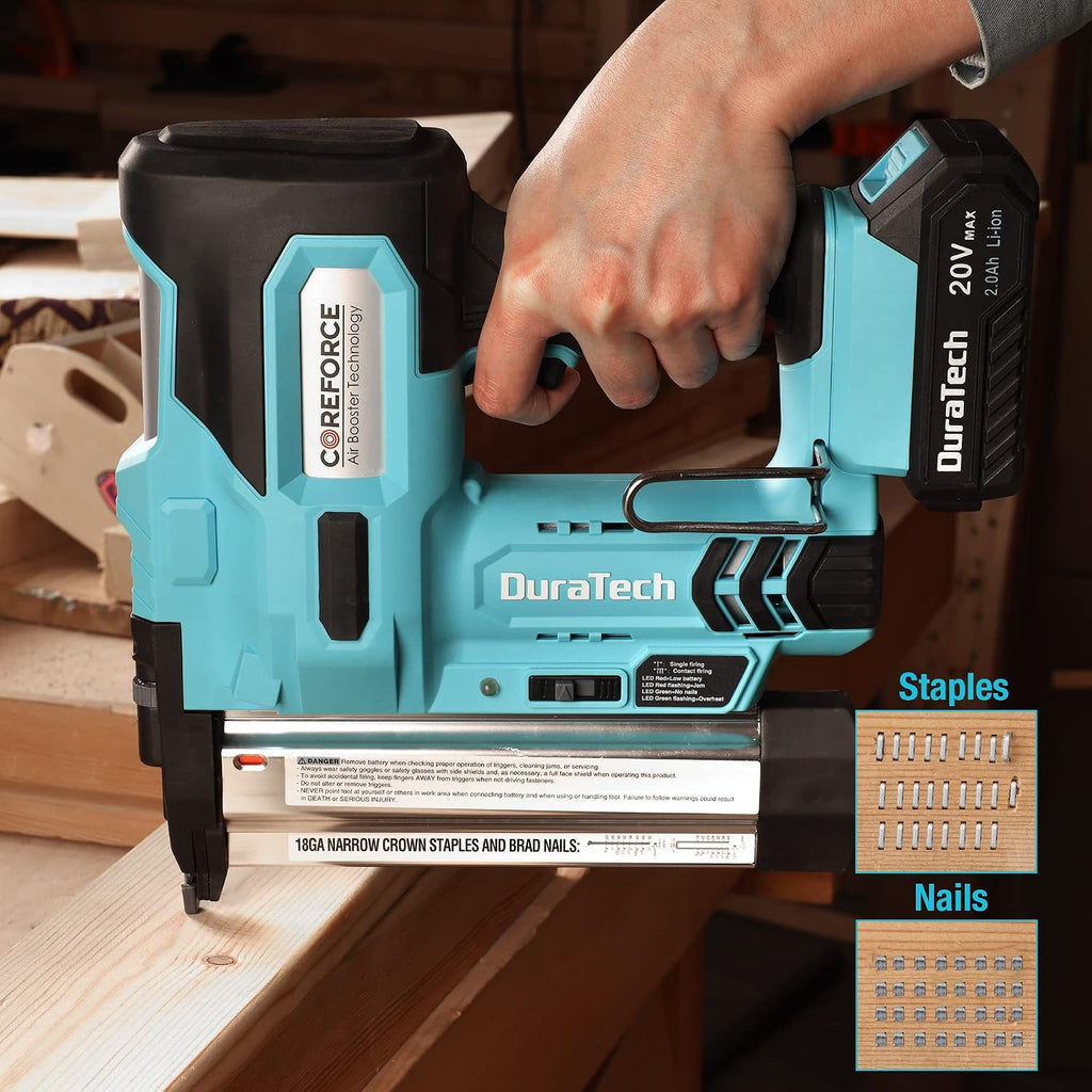 DURATECH 20V Cordless Brad Nailer, 18 Gauge, 2-in-1 Nail/Staple Gun for Upholstery, Carpentry, Including 2.0Ah Rechargeable Battery, 1H Quick Charger, 1000 Staples, 1000 Nails and Carrying Case