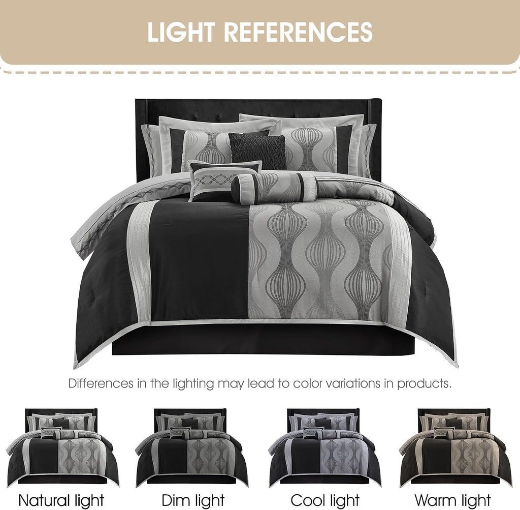 Stratford Park Elegant Black and Silver Comforter Set King Size, Striped,15 Piece Room-in-A-Bag, Jacquard Bedding Set, All Season, Matching Decorative Pillows, Pillow Sham, Curtains