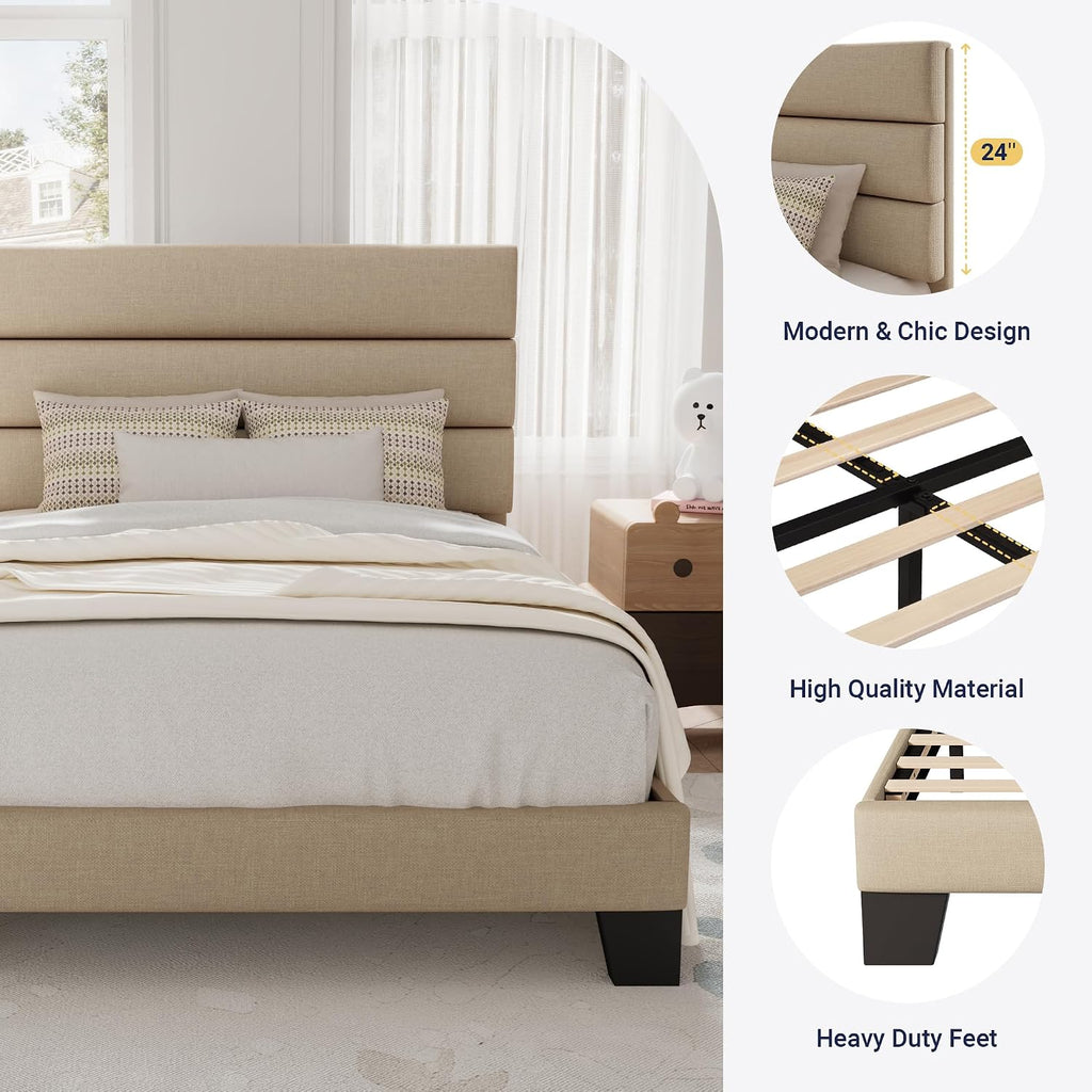 Allewie Twin Size Platform Bed Frame with Fabric Upholstered Headboard and Wooden Slats Support, Fully Upholstered Mattress Foundation/No Box Spring Needed/Easy Assembly, Beige