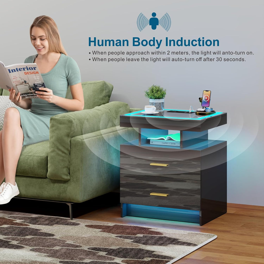Smart LED Nightstand Set of 2 - with - Modern Night Stand with Wireless Charging Station, Glass Top Bedside Table with Drawers for Bedroom, Glossy End Table with Human Body Induction (Black)