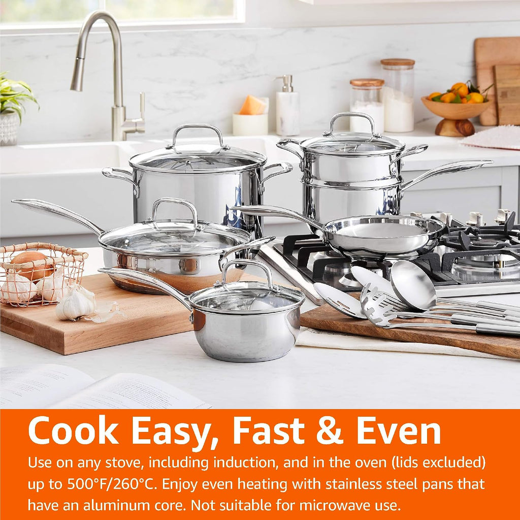 Amazon Basics Stainless Steel Cookware 15-Piece Set, Oven Safe, Induction-Ready, Even Heating, Easy to Clean, Stay-Cool Handles, Pots and Pans, Silver