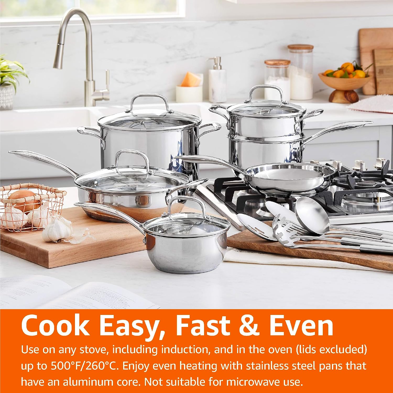 Amazon Basics Stainless Steel Cookware 15-Piece Set, Oven Safe, Induction-Ready, Even Heating, Easy to Clean, Stay-Cool Handles, Pots and Pans, Silver