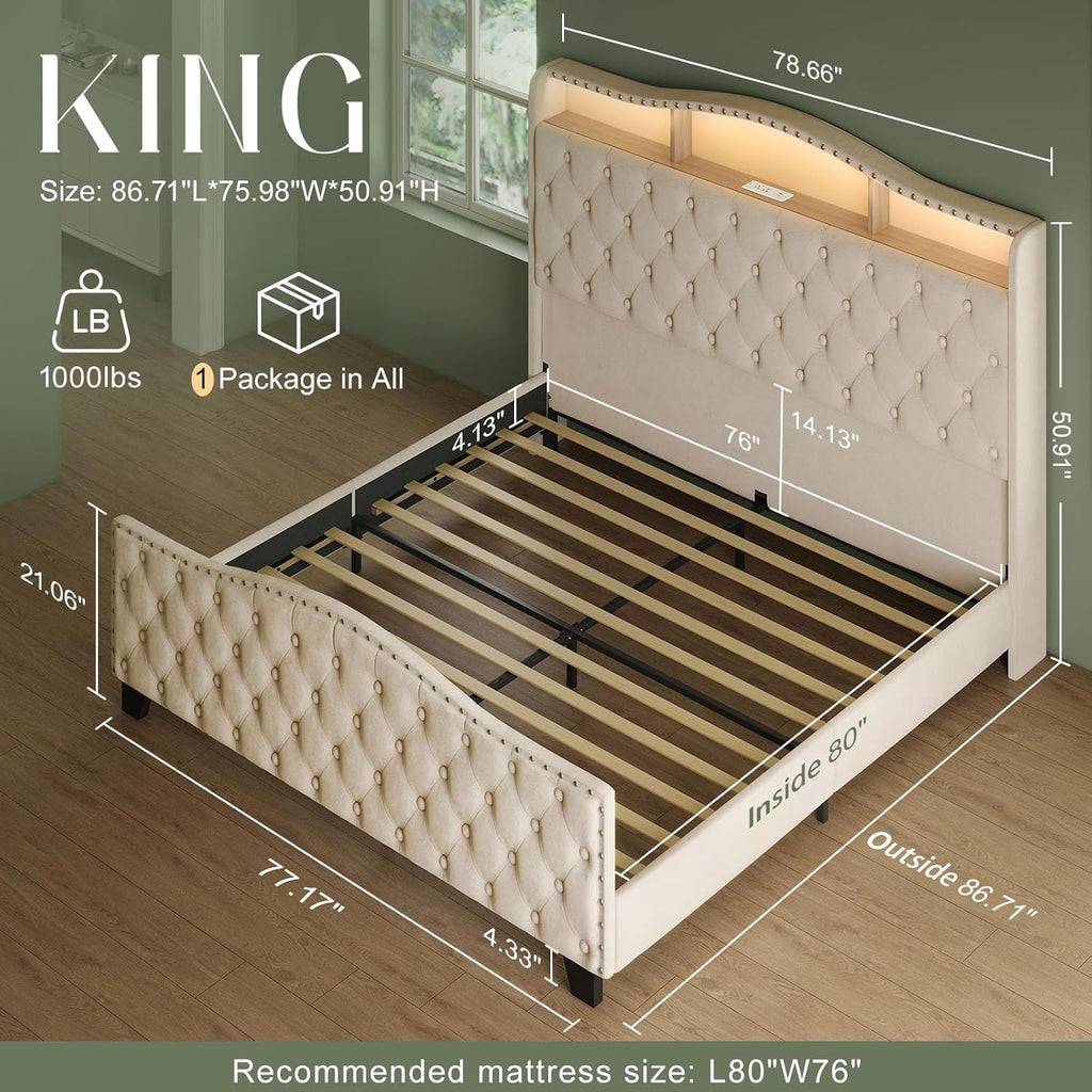 Belffin King Size Bed Frame and Headboard, 50.9' Velvet Upholstered Wingback Bedframe with LED Lights & Storage/Charging Station, Button Tufted Tall Footboard, No Box Spring Needed, Noise-Free, Beige