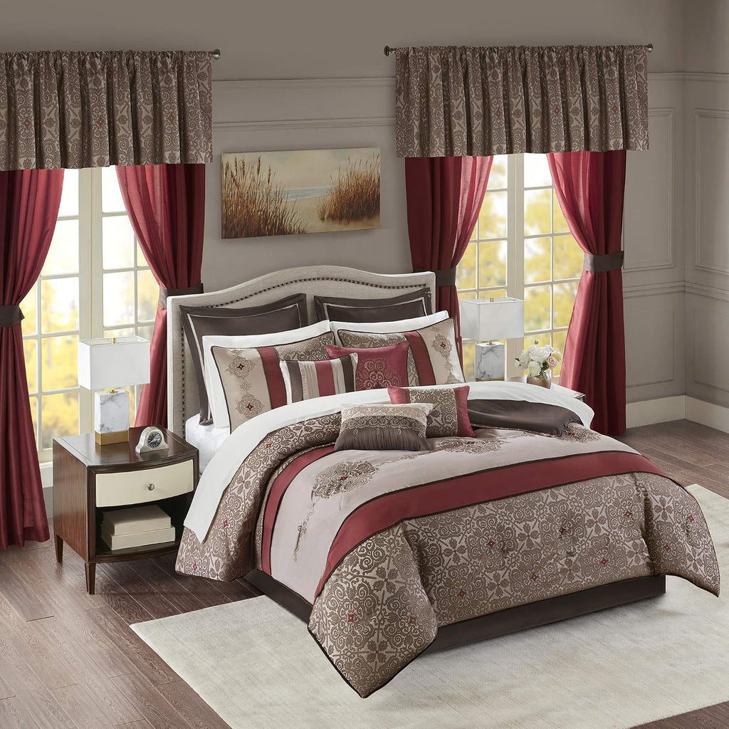 Madison Park Essentials Delaney 24-Piece Room In A Bag Comforter Set-Satin Jacquard, All Season Luxury Bedding, Sheets, decorative pillows and Curtains, Valance, Cal King(104'x92'), Medallion Red