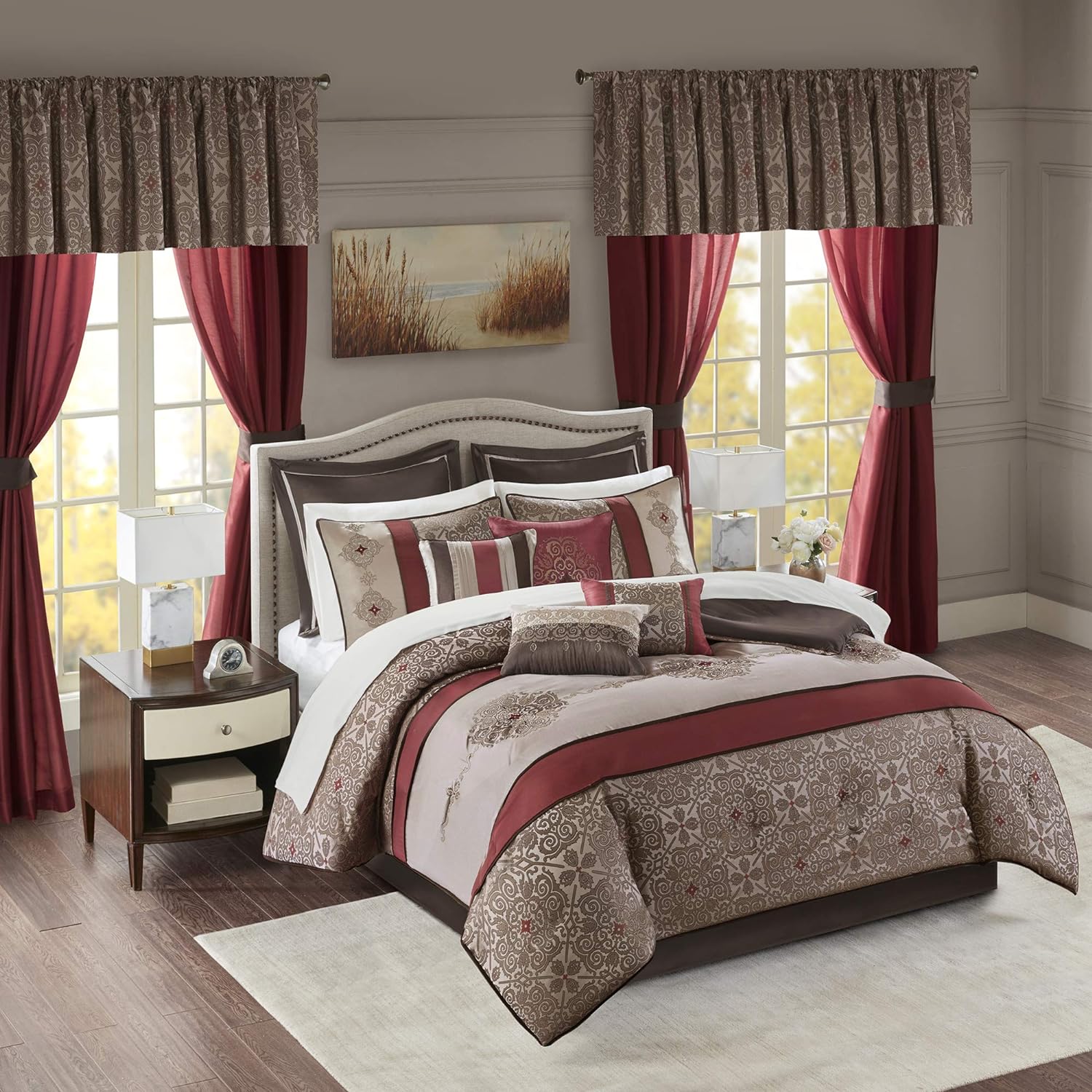 Madison Park Essentials Delaney 24-Piece Room In A Bag Comforter Set-Satin Jacquard, All Season Luxury Bedding, Sheets, decorative pillows and Curtains, Valance, King(104'x92'), Medallion Red