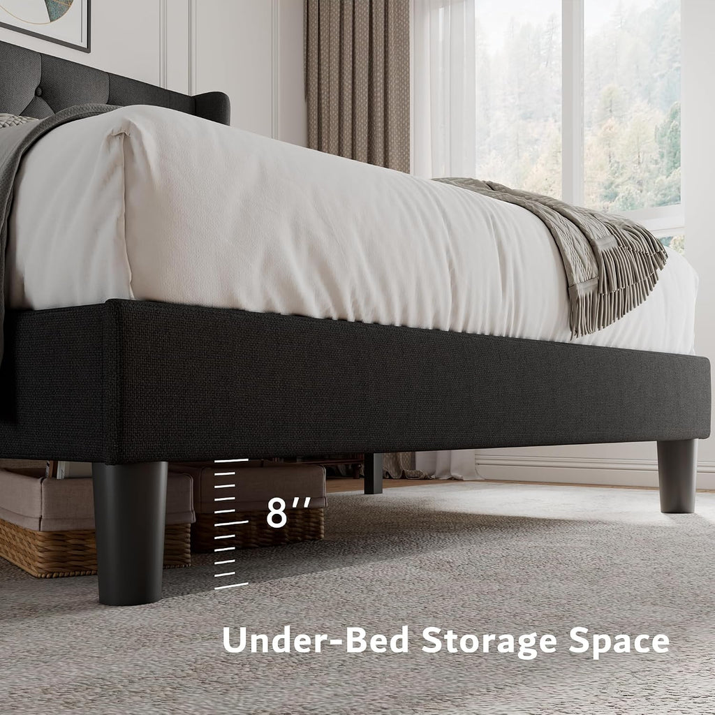 iPormis Queen Size Platform Bed Frame with Button Tufted Headboard, Upholstered Bed Frame with Solid Wooden Slats, 8' Underbed Space, No Box Spring Needed, Noise Free, Easy Assembly, Black