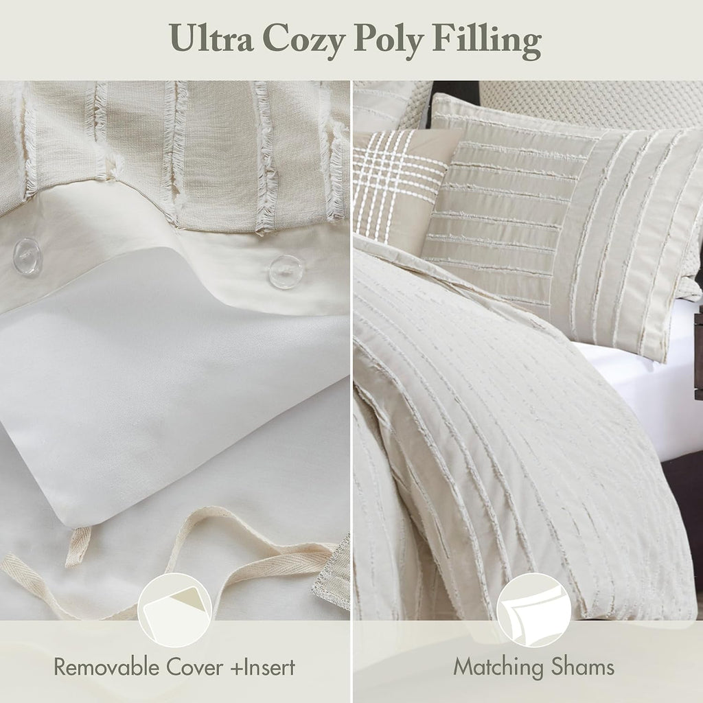 Madison Park Queen Comforter Set Clipped Jacquard Stripes with Buttons Boho Comforter for a Queen-Size Bed, Cotton Oversized Comforters with Removable Cover Boho Bedding, Queen Ivory 8 Piece