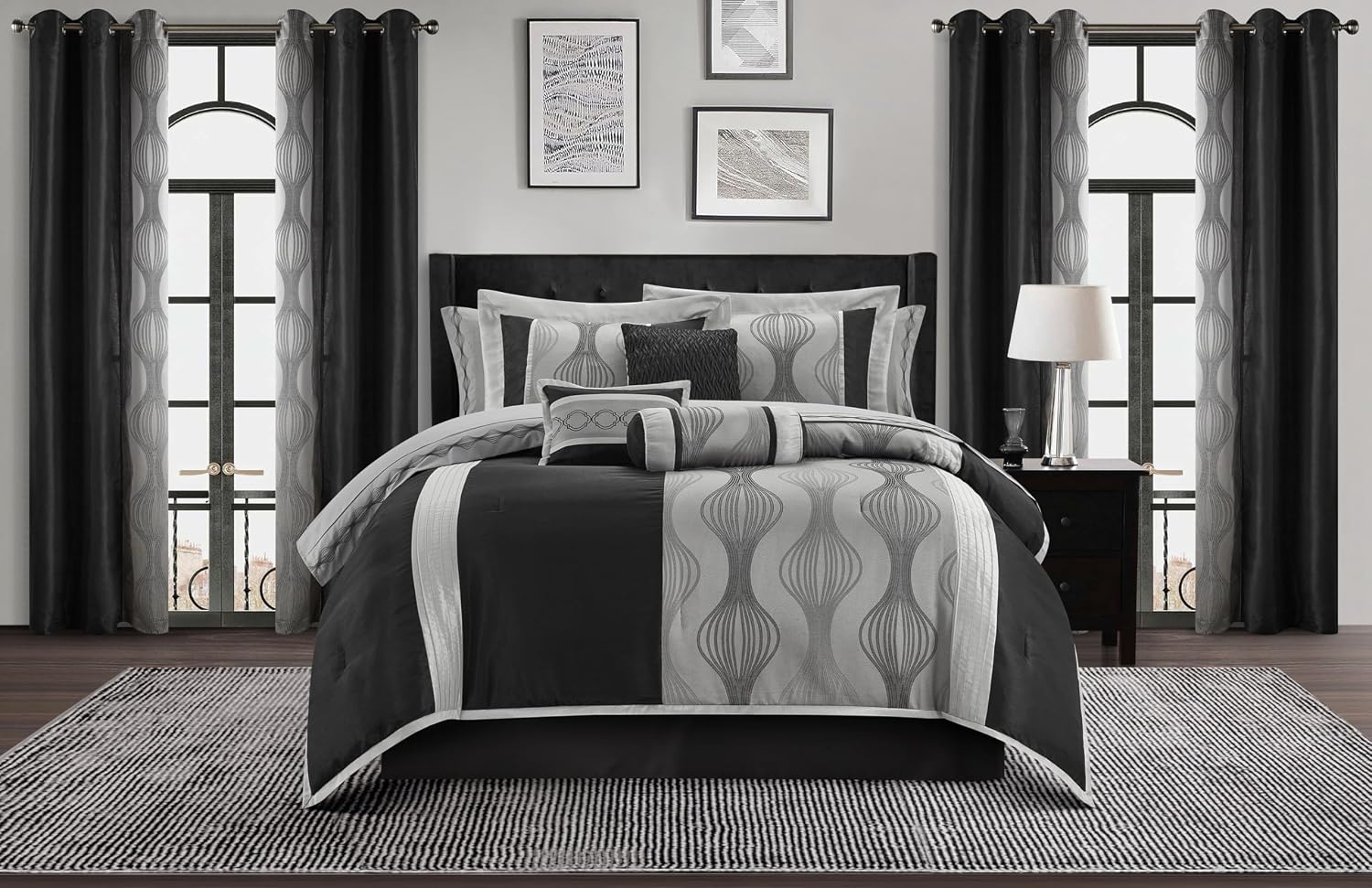 Stratford Park Elegant Black and Silver Comforter Set King Size, Striped,15 Piece Room-in-A-Bag, Jacquard Bedding Set, All Season, Matching Decorative Pillows, Pillow Sham, Curtains
