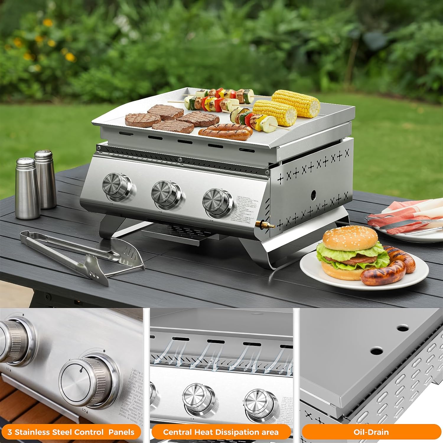 WAA 24000BTU Portable Propane Griddle, Tabletop Portable Propane Gas Grill with 3 Burners, Stainless Steel Flat Top Grill, Outdoor Cooking for Tailgating,Camping, RVs, BBQ, Patio, Silver