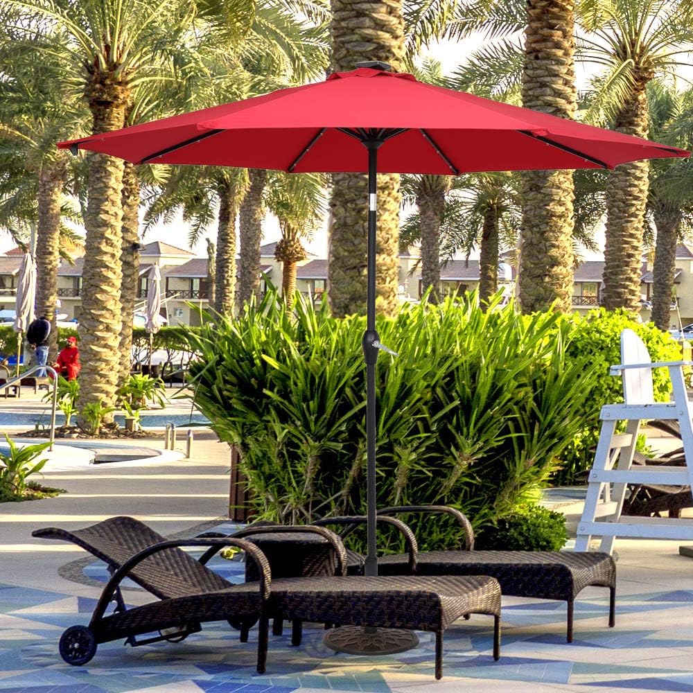 Patio Umbrella 9FT Round Outdoor Market Table Umbrella Waterproof Folding Sunshade Umbrella with Solar LED Light for Outdoor Beach Deck Garden Party Decoration (Without Unbrella Base, Wine Red)
