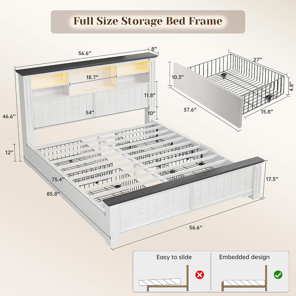 EnHomee Full Size Bed Frame with Headboard and Storage, 4 Drawers and LED Built in Charging Station Full Bed Frame with Storage Farmhouse,NO Noise,No Box Spring Needed,White