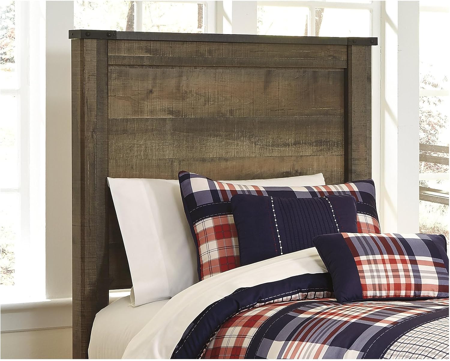 Signature Design by Ashley Trinell Casual Twin Panel Platform Bed with 1 Large Storage Drawer and Nailheads, Foundation or Box Spring Not Needed, Dark Brown