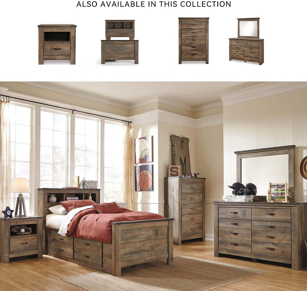 Signature Design by Ashley Trinell Casual Twin Bookcase Platform Bed with 2 Storage Drawers and Nailheads, Foundation or Box Spring Not Needed, Dark Brown